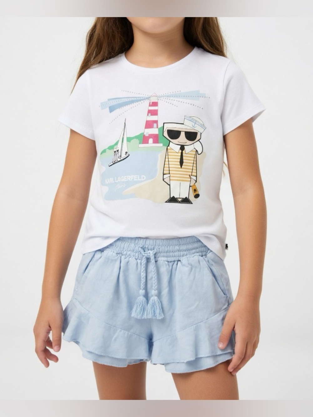 Karl Lagerfeld Graphic Tee Adult XS + Blue Ruffle Shorts Girls 8–9Y Set